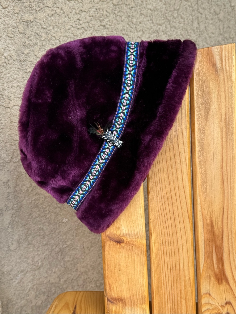 Vintage Plush Faux Fur  Cloche Hat with Embroidered Band